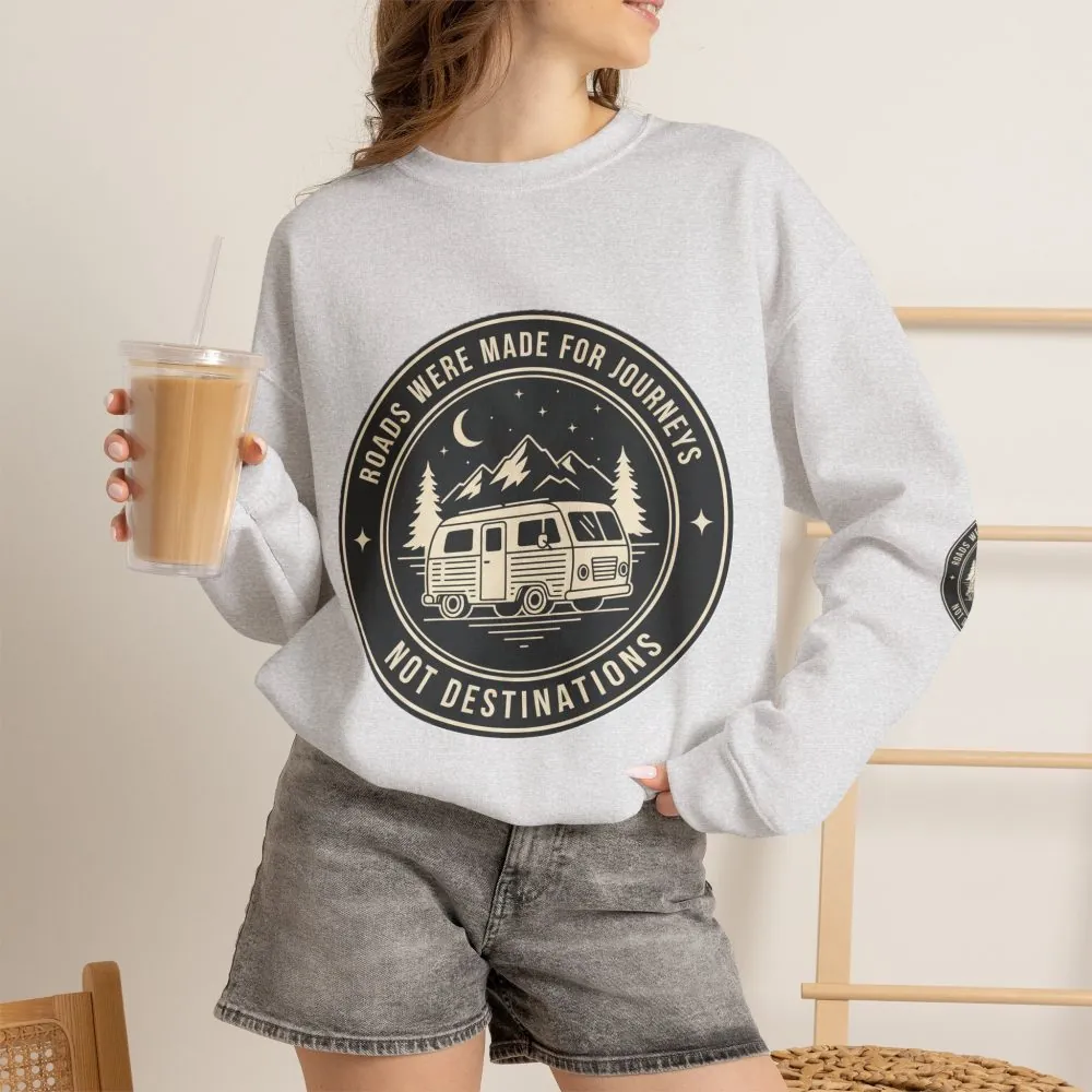 9137174148891387252_2048.jpeg Crewneck Sweatshirt — "ROAD WHERE MADE FOR JOURNEYS-NOT DESTINATIONS" (Font + Back + Sleaves printed) Vintage Camper Van Outdoor Graphic