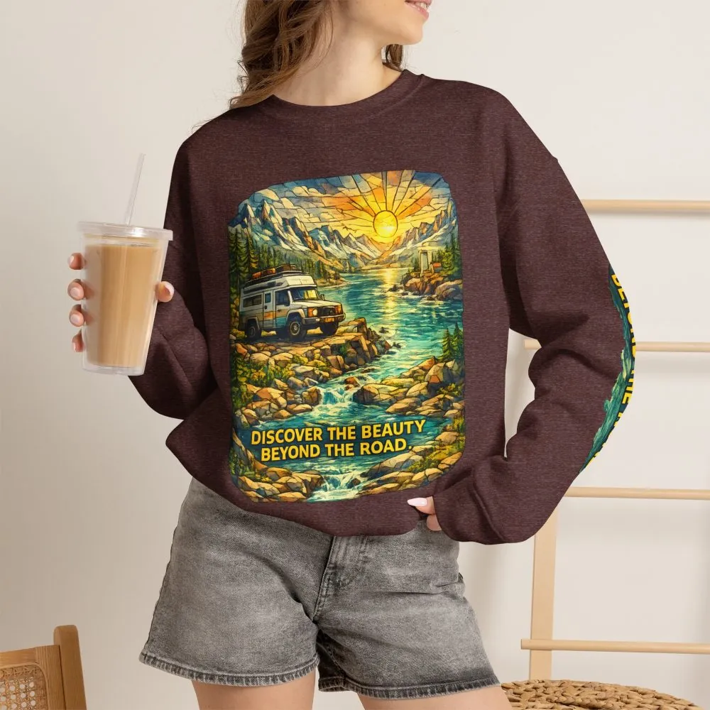 Unisex Heavy Blend™ Crewneck Sweatshirt — "Discover The Bieuty Beyond The Road" Design Cubic-Line