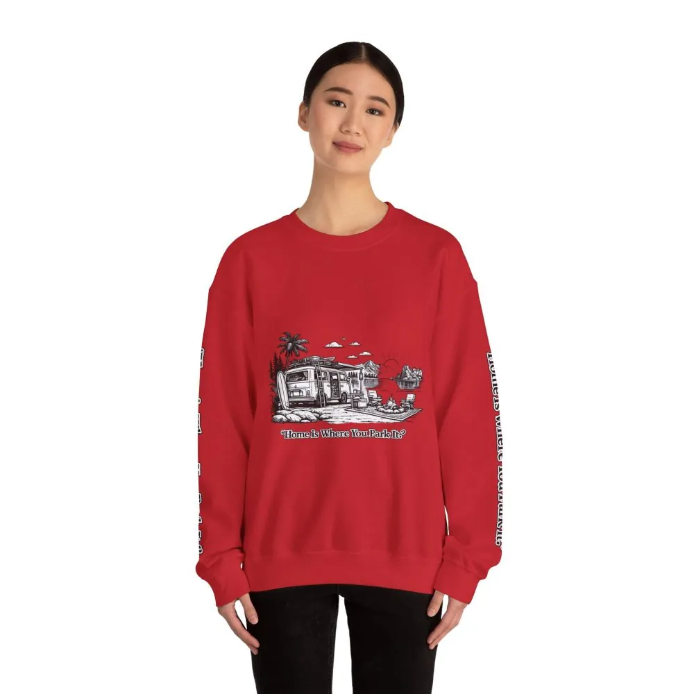 Unisex Heavy Blend™ Crewneck Sweatshirt — "Home Is Where You Park It" Design Minimal-Line
