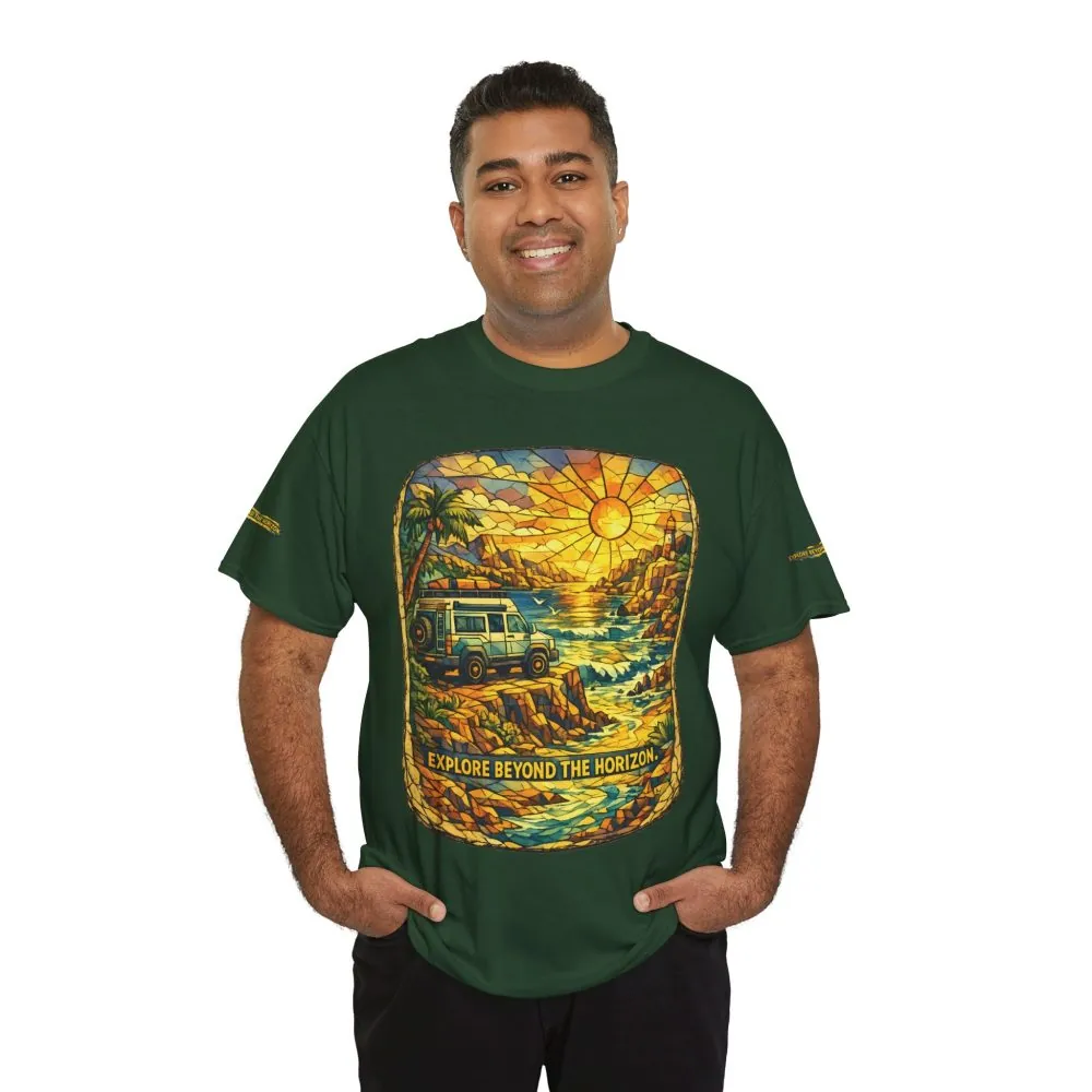 Unisex Heavy Cotton Tee — "Explore Beyond The Horizon" Design Cubic-Line