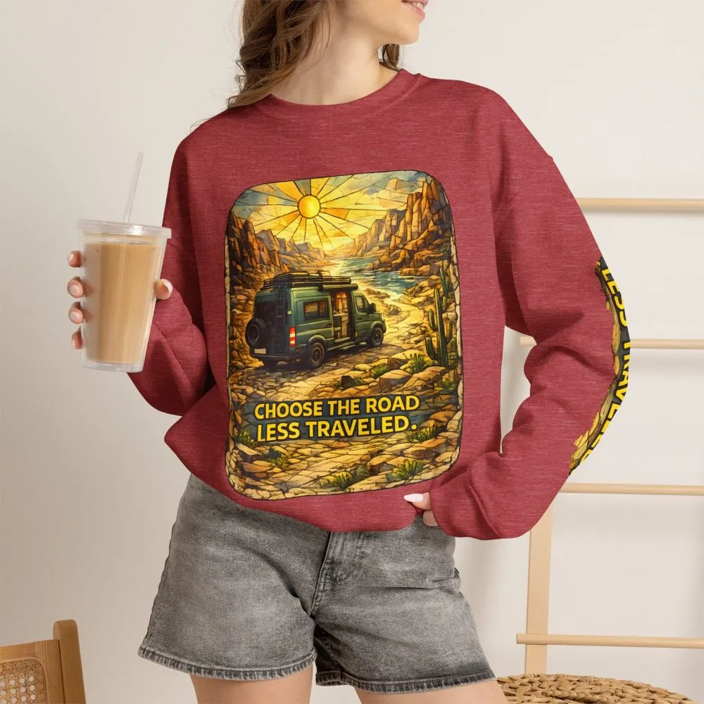 Unisex Heavy Blend™ Crewneck Sweatshirt — "Choose The Road Less Traveled" Design Cubic-Line