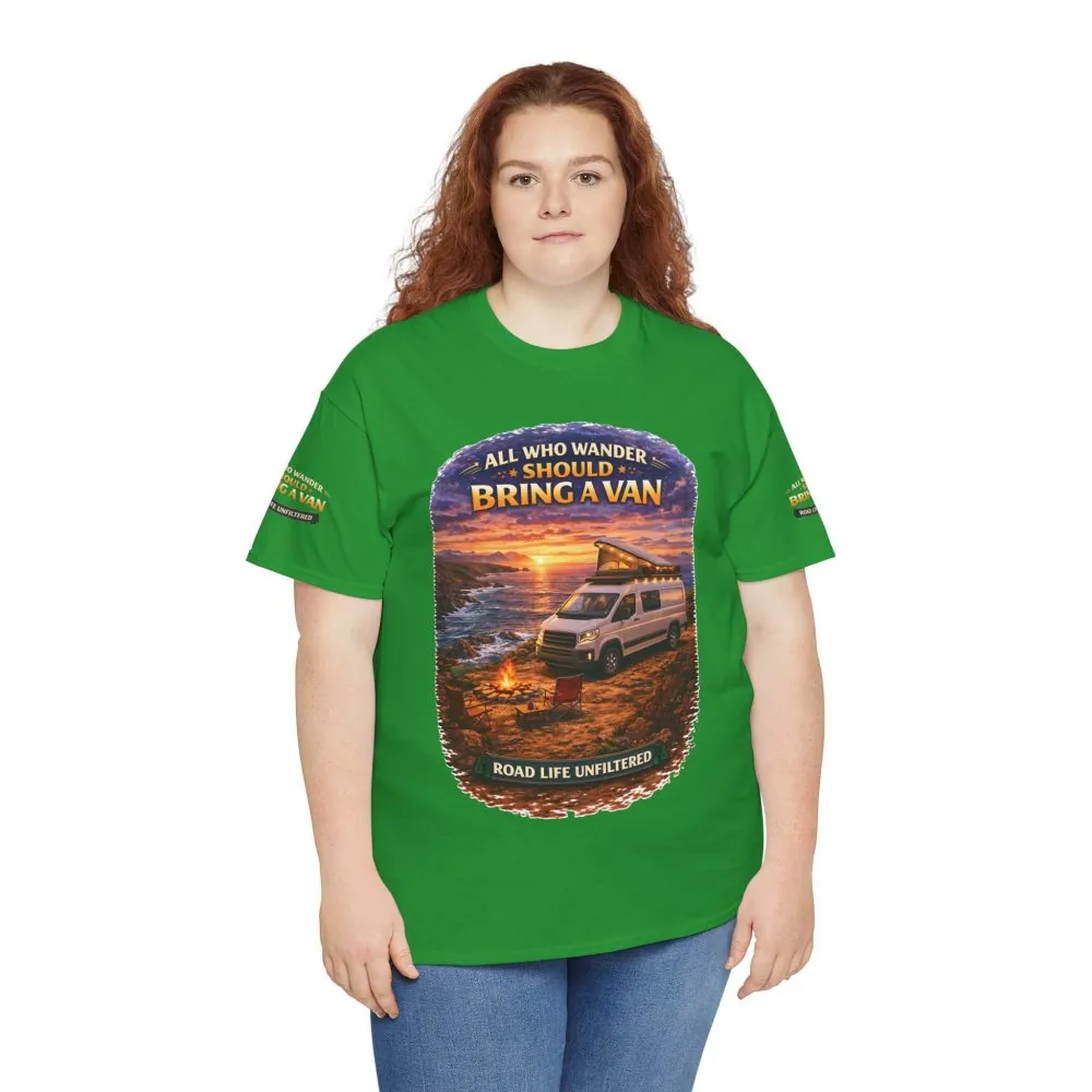 Unisex Heavy Cotton Tee — "All Who wander Should Bring A Van" Design Scenic-Line
