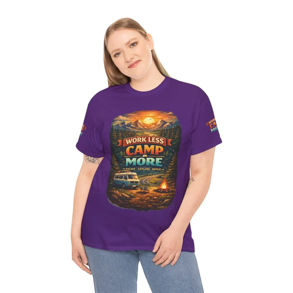 Unisex Heavy Cotton Tee — "Work Less Camp More" Design Scenic-Line