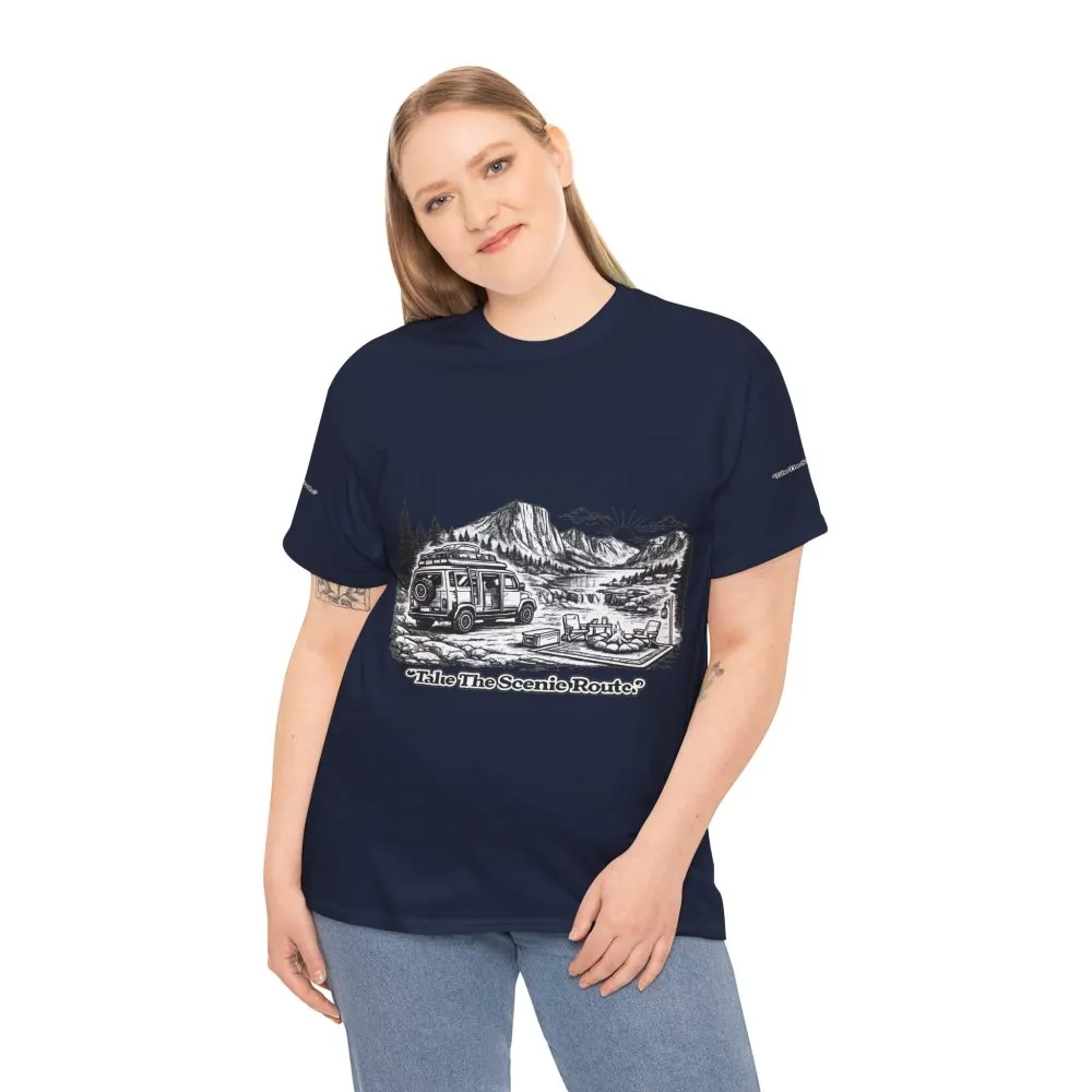 Unisex Heavy Cotton Tee — "Take The Scenic Route" Design Minimal-Line