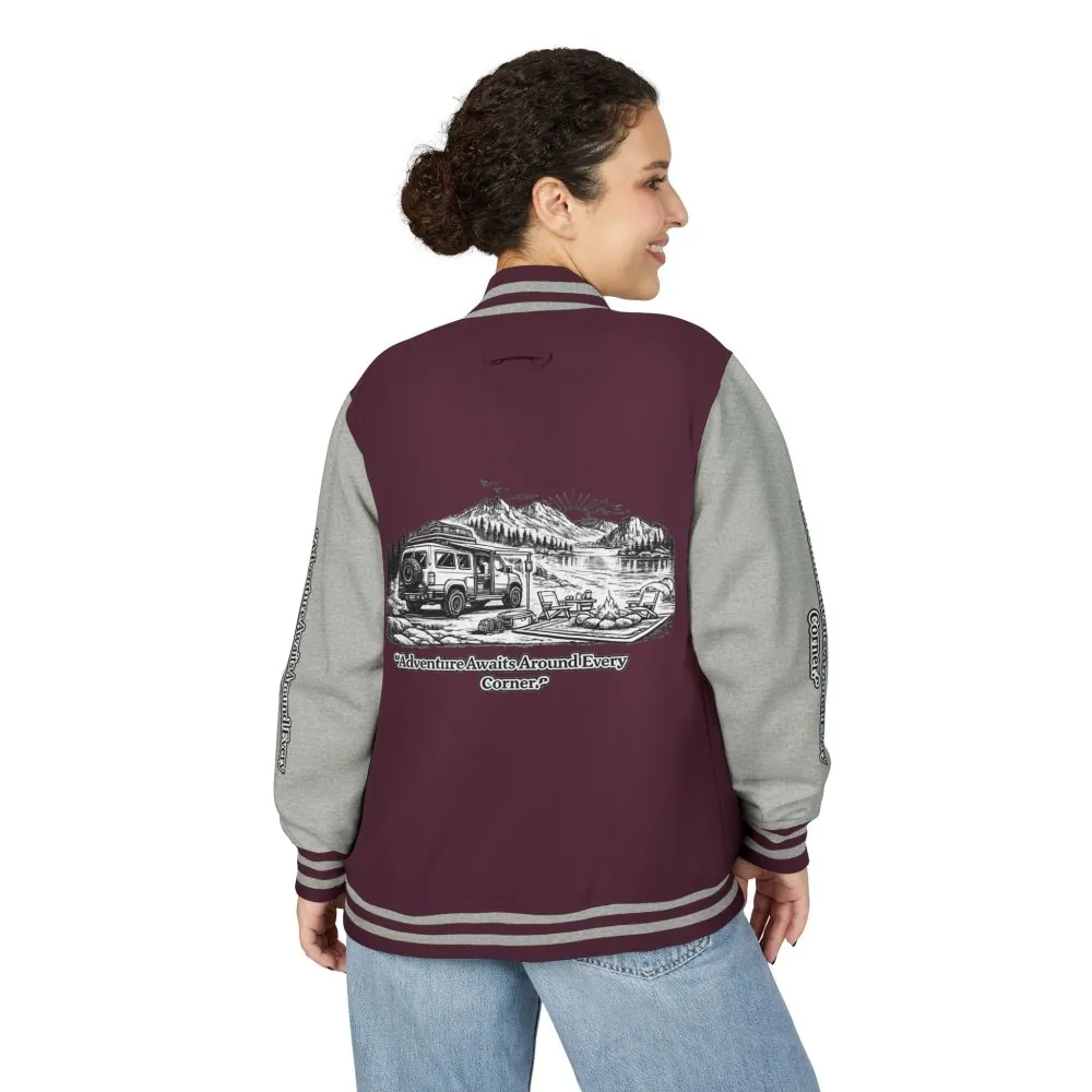 Unisex Heavyweight Letterman Jacket — "Adventure Awaits Around Every Corner" Travel Varsity Coat