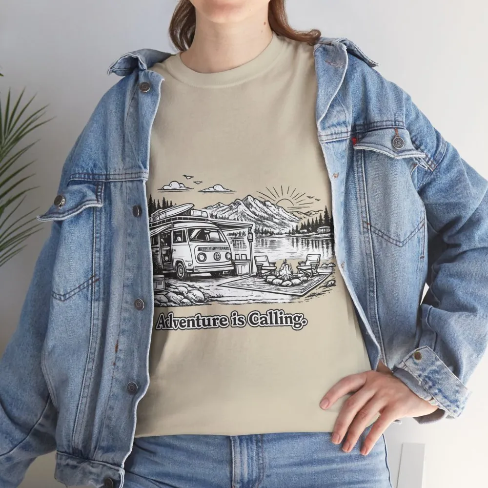 Unisex Heavy Cotton Tee — "Adventure Is Calling" Design Minimal-Line