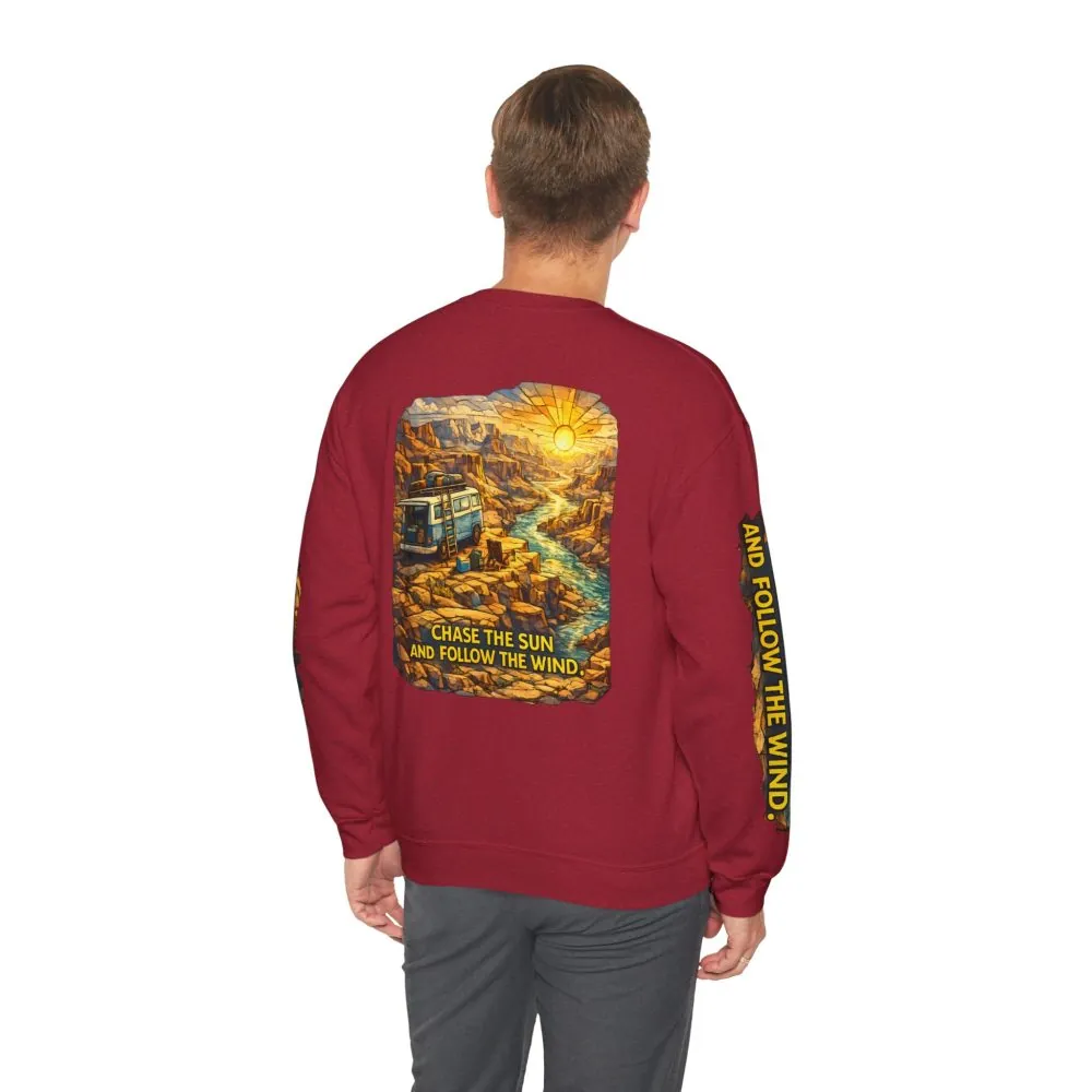 Unisex Heavy Blend™ Crewneck Sweatshirt — "Chase The Sun And Follow The Wind" Design Cubic-Line