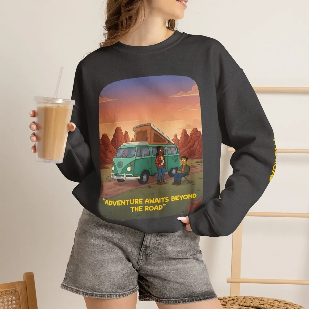 9234879488840175332_2048.jpeg Unisex Heavy Blend™ Crewneck Sweatshirt — "Adventure Awaits Beyond The Road" Design Sitcom-Line