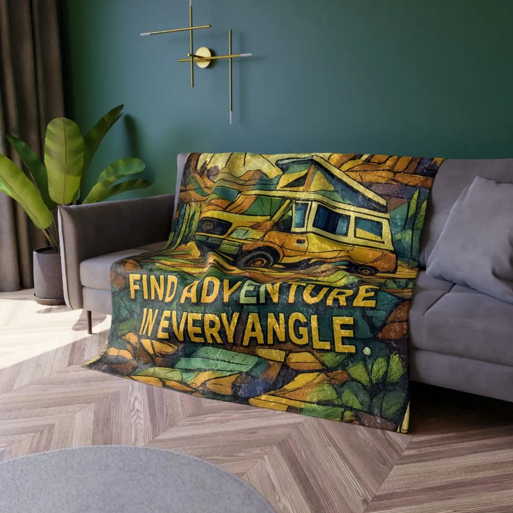 Crushed Velvet Blanket —"Find Adventure In Every Corner" Design Cubic-Line (Campervan)