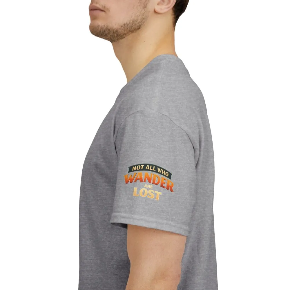 Unisex Heavy Cotton Tee — "Not All Who Wander Are Lost" Design Scenic-Line