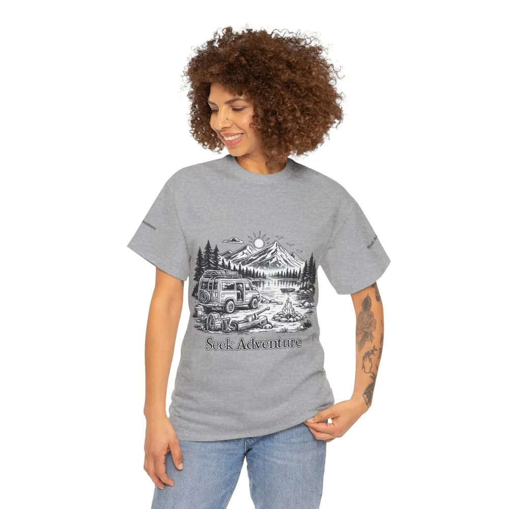 Unisex Heavy Cotton Tee — "Seek Adventure" Design Minimal-Line