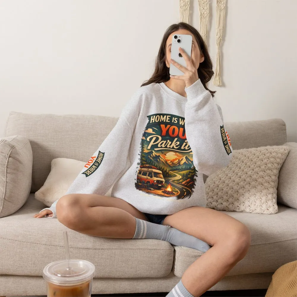 Unisex Heavy Blend™ Crewneck Sweatshirt — "Home Is Where You Park It" Design Scenic-Line