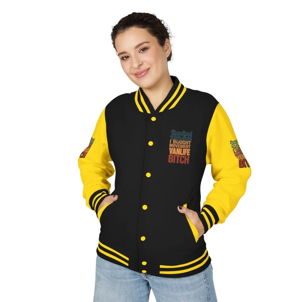 9257110829878156454_2048.jpeg Unisex Heavyweight Letterman Jacket — "Buy Land They Said" Design F**K-Line