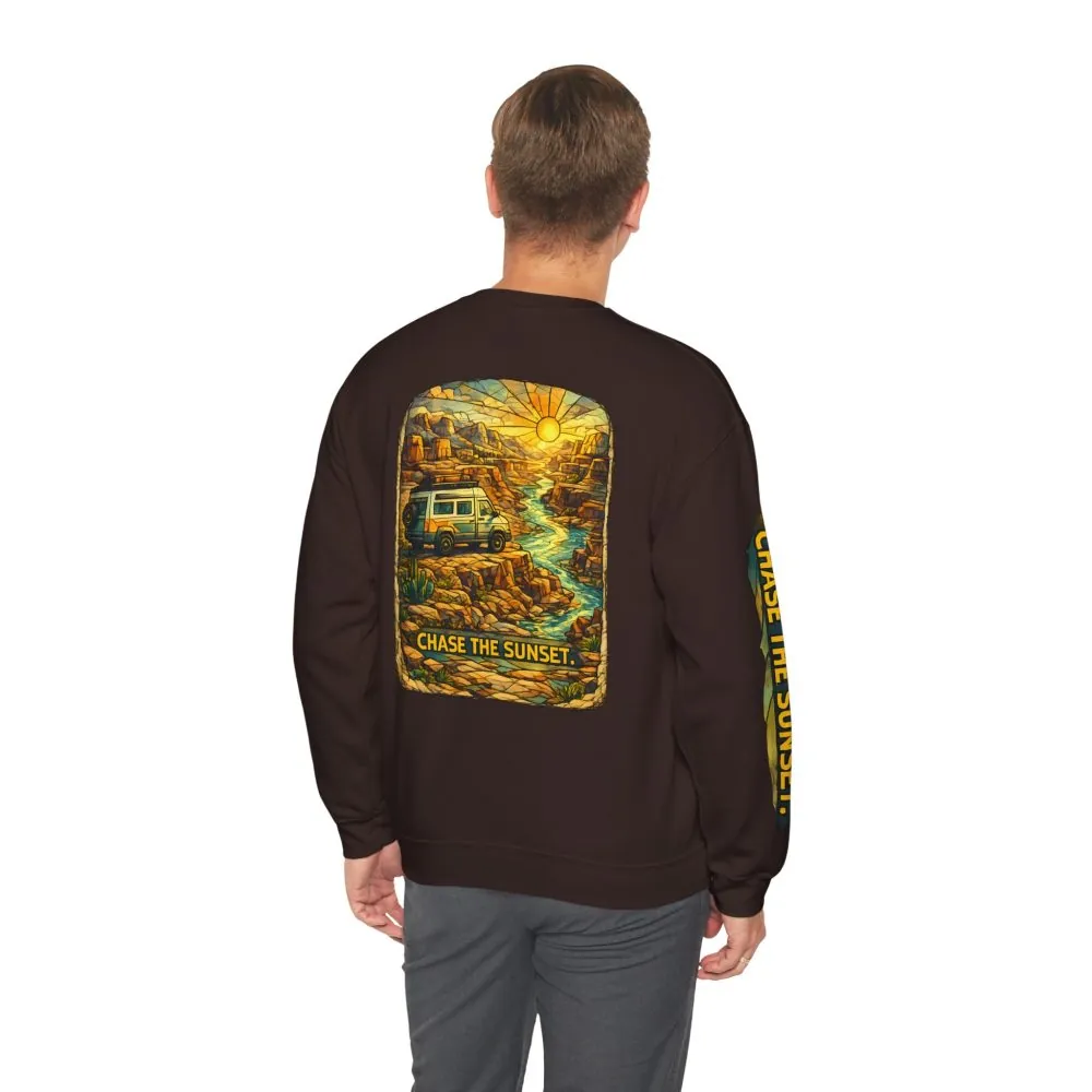 Unisex Heavy Blend™ Crewneck Sweatshirt — "Chase The Sunset" Design Cubic-Line