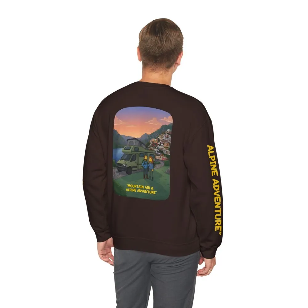 Unisex Heavy Blend™ Crewneck Sweatshirt — "Mountain Air And Alpine Adventure"" Design Sitcom-Line
