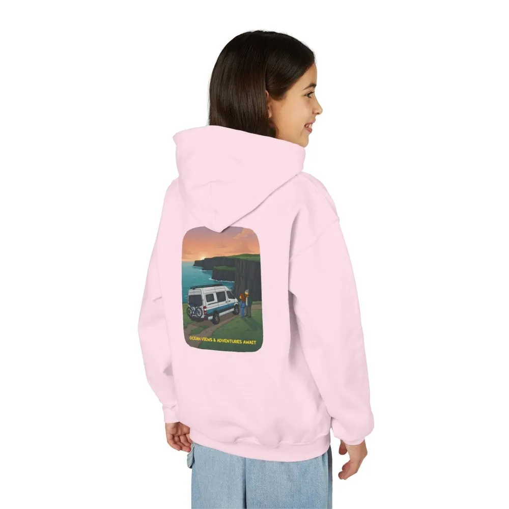 Youth Hoodie(Gildan) – "Ocean Views-Adventures Awaits" (Design Sitcom-Line)