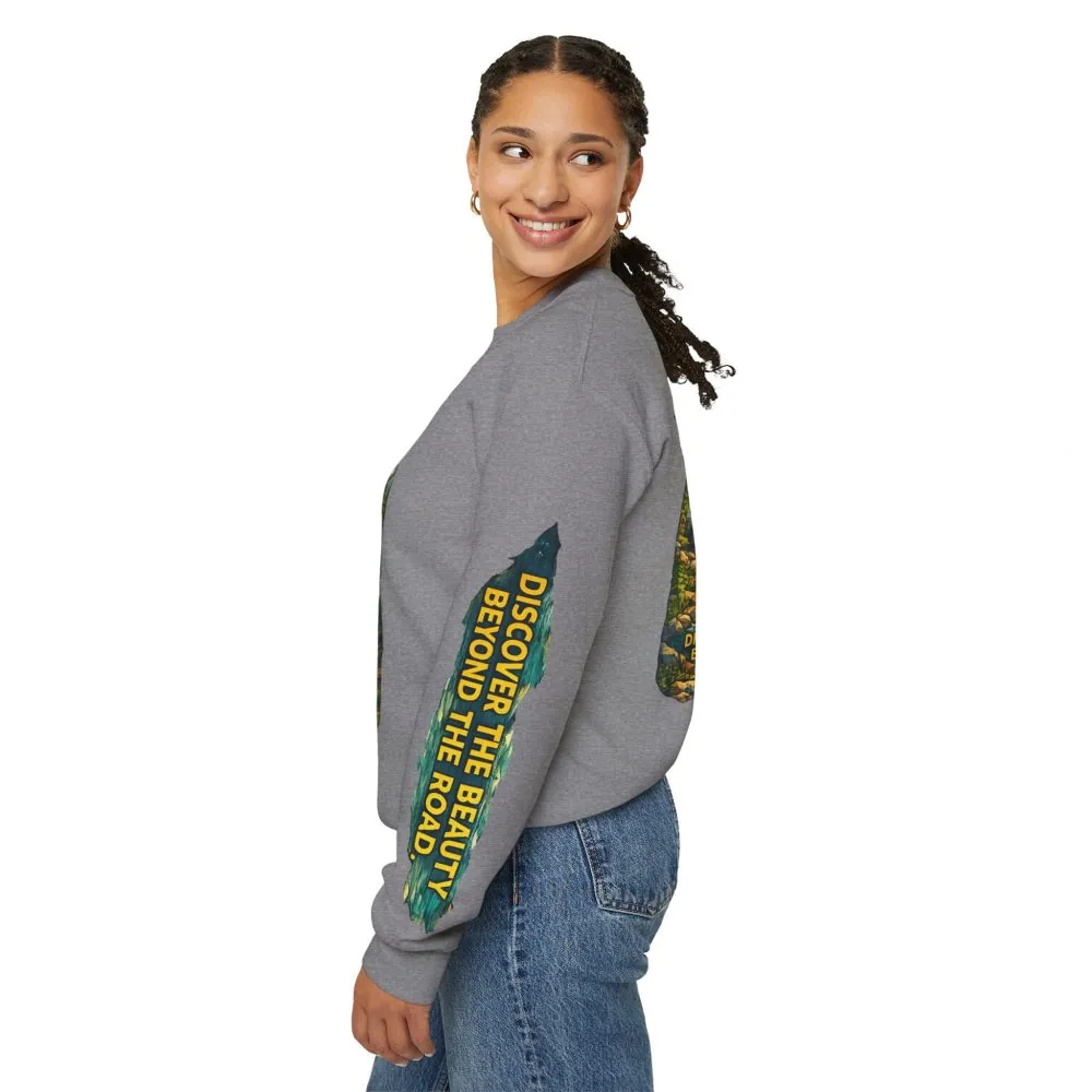 Unisex Heavy Blend™ Crewneck Sweatshirt — "Discover The Bieuty Beyond The Road" Design Cubic-Line