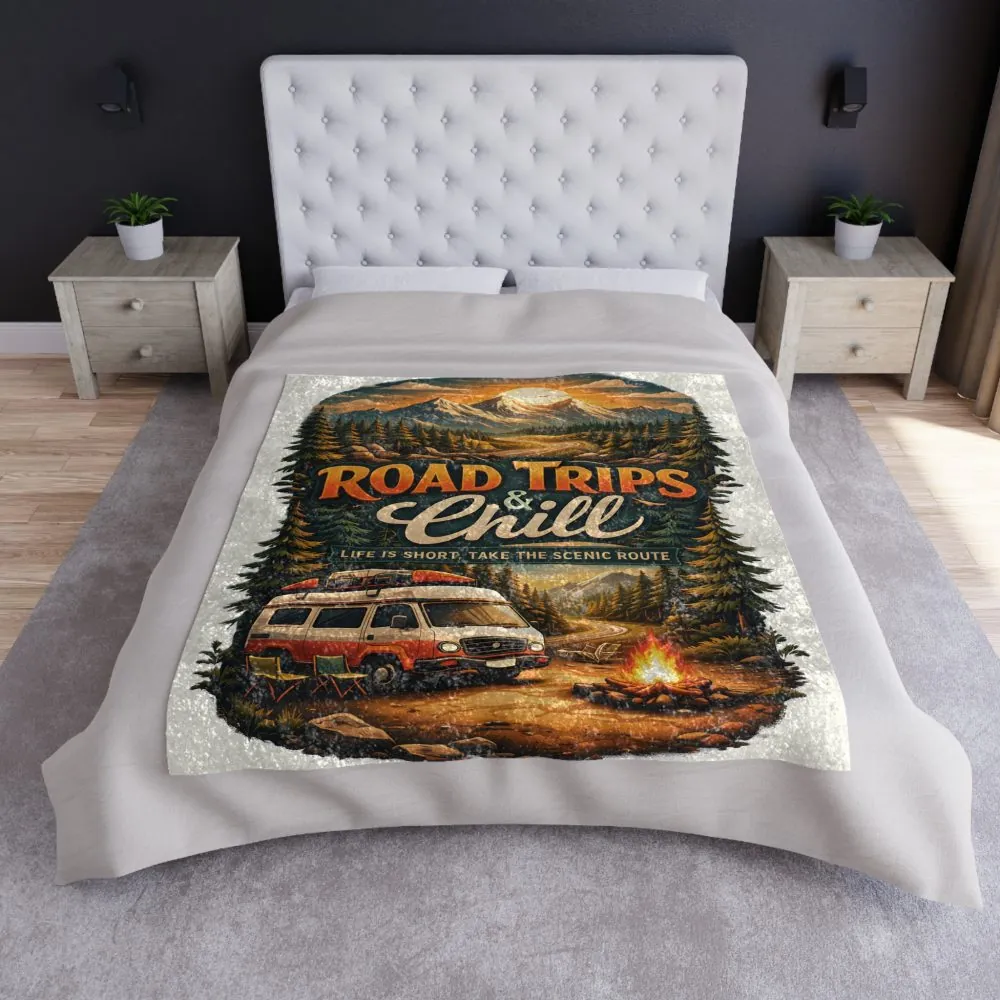 Crushed Velvet Blanket —"Road Trips & Chill" Design Scenic-Line (Campervan)