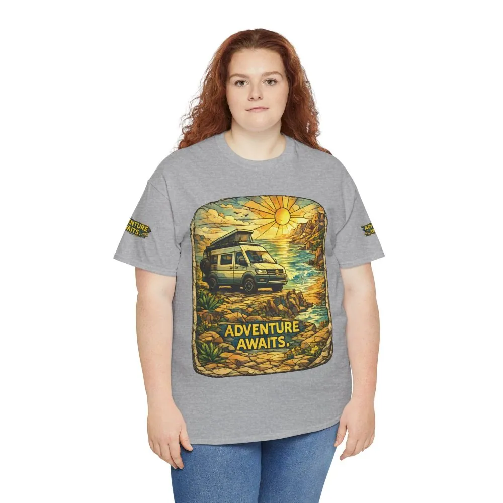 Unisex Heavy Cotton Tee — "Adventure Awaits" Design Cubic-Line