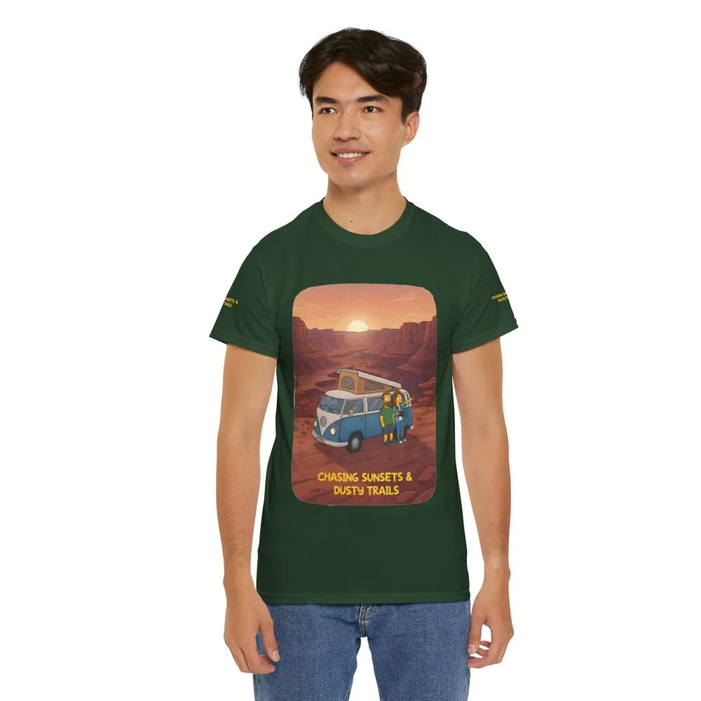 Unisex Heavy Cotton Tee — "Chasing Sunsets And Dusty Trails" Design Sitcom-Line