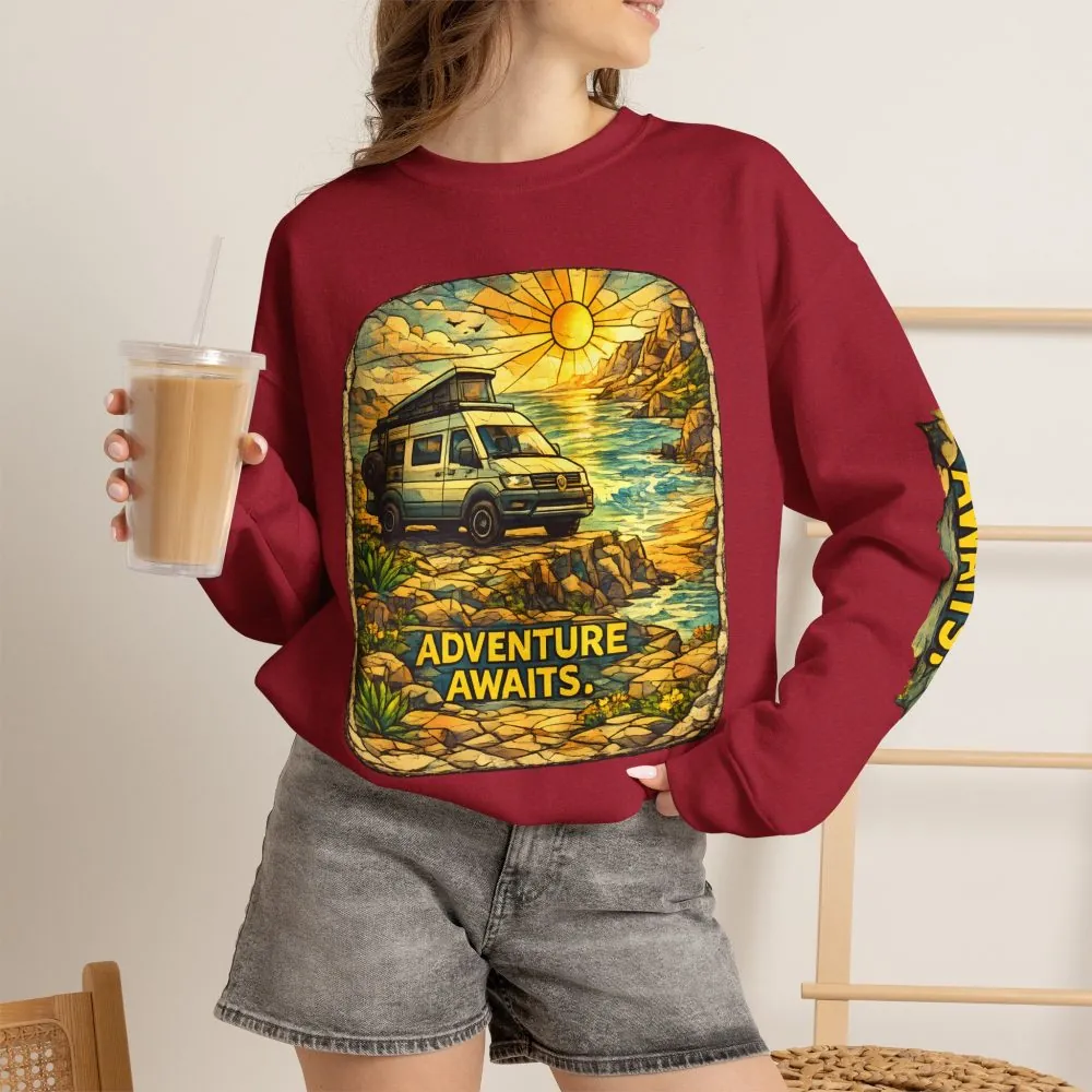 9322255213734576900_2048.jpeg Unisex Heavy Blend™ Crewneck Sweatshirt — "Adventure Awaits" Design Cubic-Line