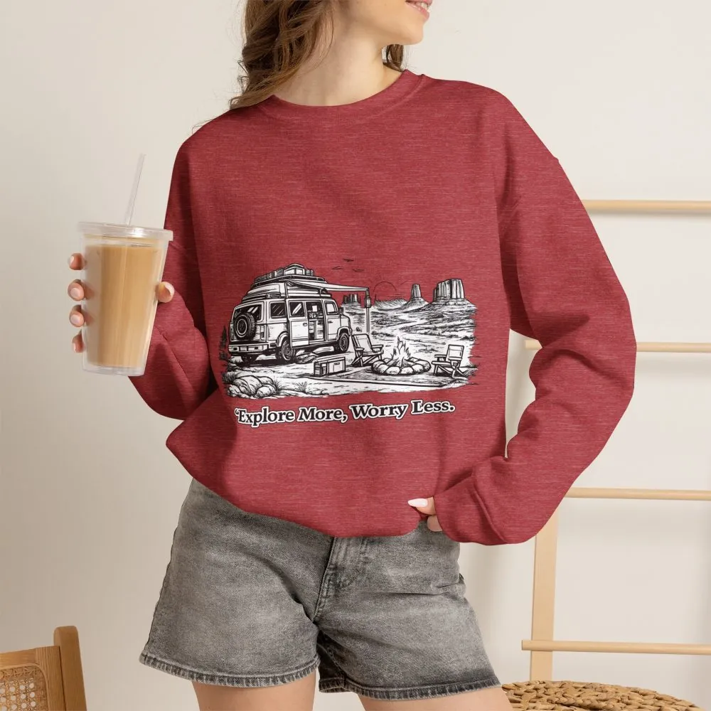 Unisex Heavy Blend™ Crewneck Sweatshirt — "Explore More Worry Less" Design Minimal-Line