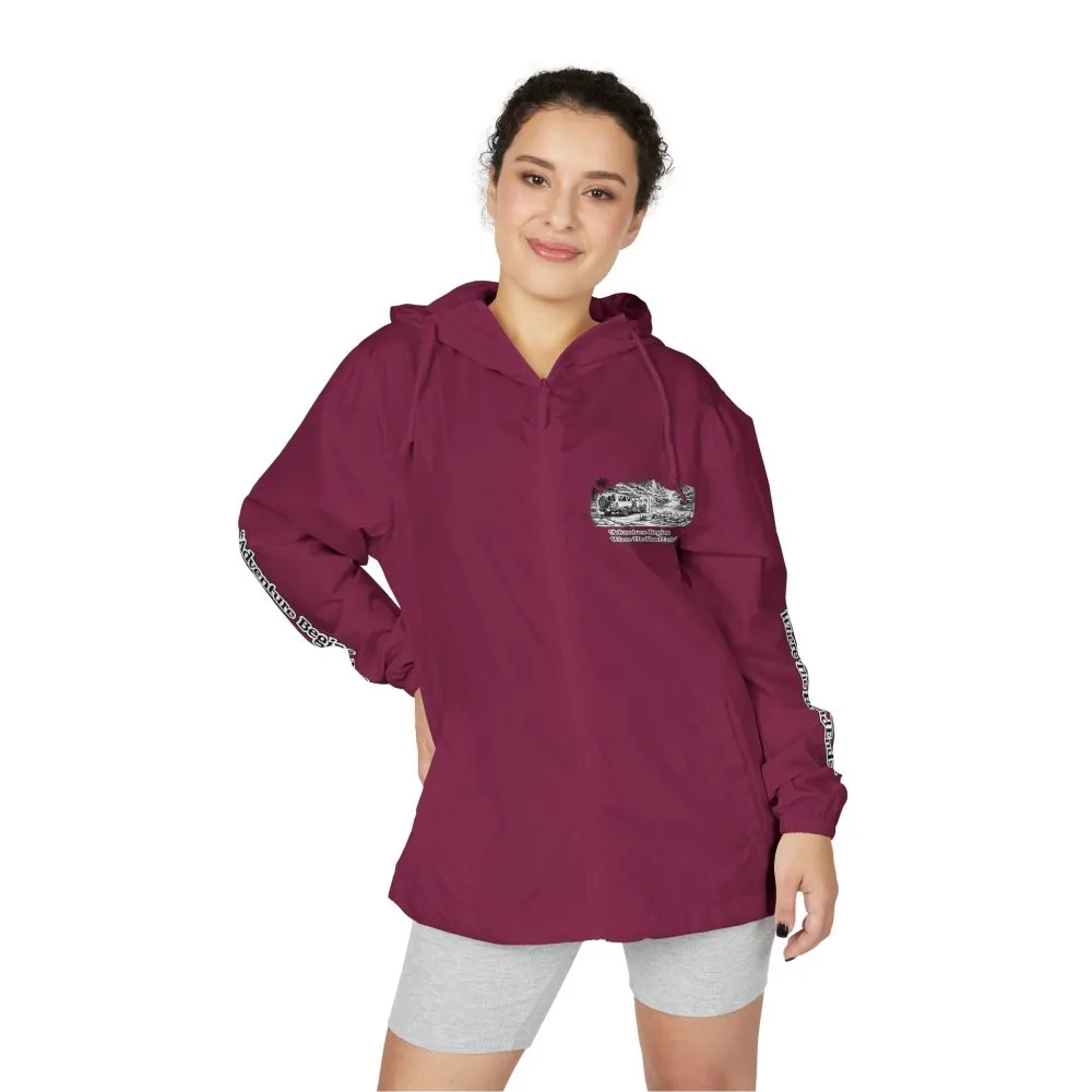 Unisex Full-Zip Windbreaker Jacket — "Adventure Begins Where Roads End" (Design "Minimal-Line")