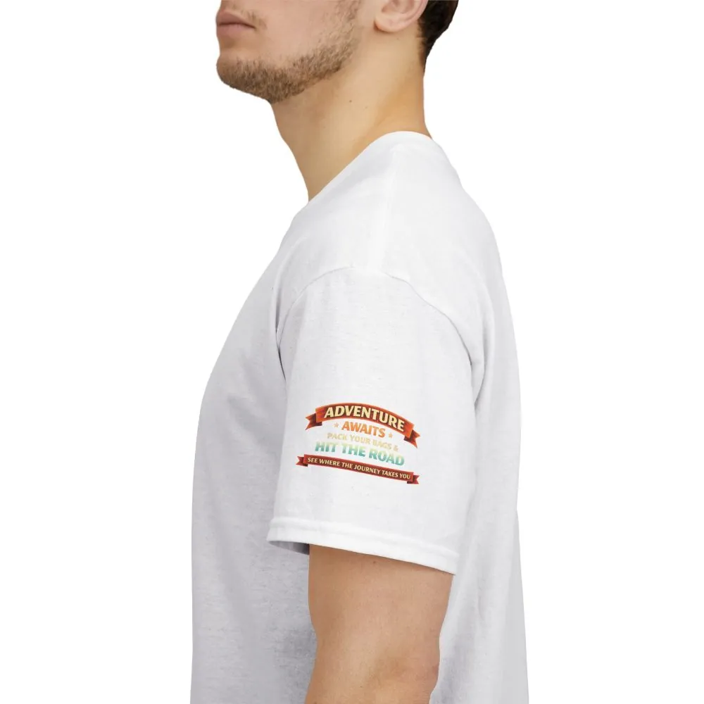 Unisex Heavy Cotton Tee — "Adventure Awaits-Pack Your Bags" Design Scenic-Line