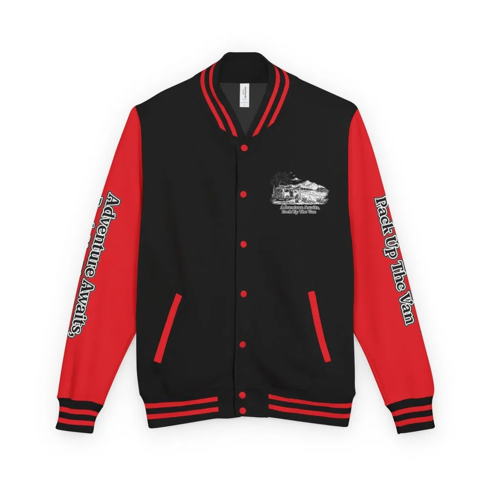 Unisex Heavyweight Letterman Jacket — "Adventure Awaits,Pack Up The Van" Travel Varsity Coat