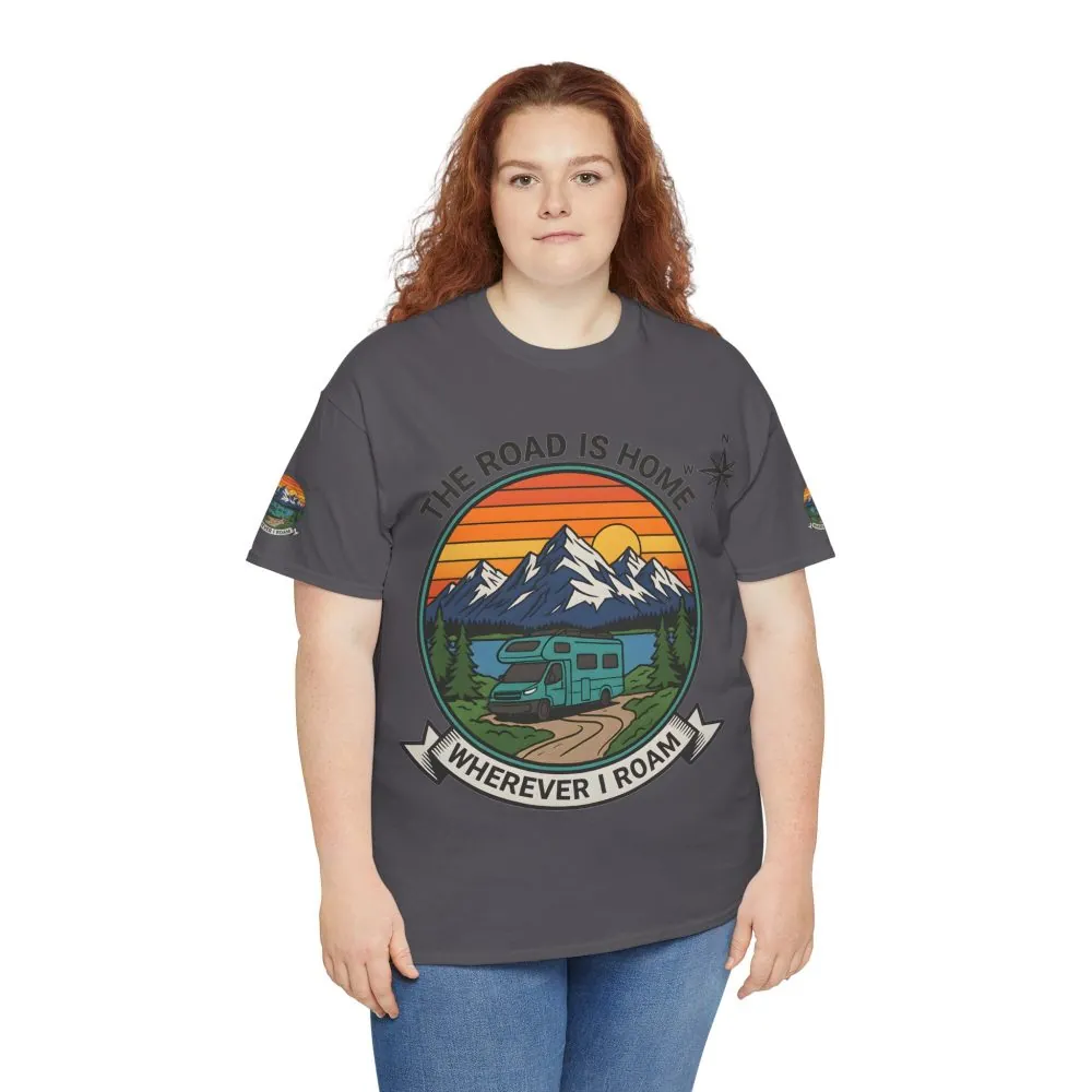 Unisex Heavy Cotton Tee  — 'The Road Is Home, Wherever I Roam' Retro Camper Tee
