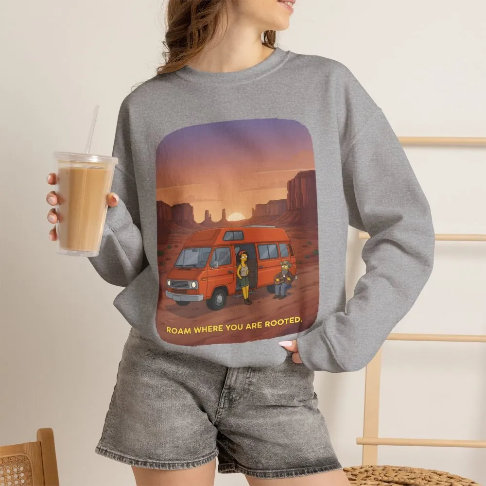 Unisex Heavy Blend™ Crewneck Sweatshirt — "Roam Where You Are Rooted" Design Sitcom-Line