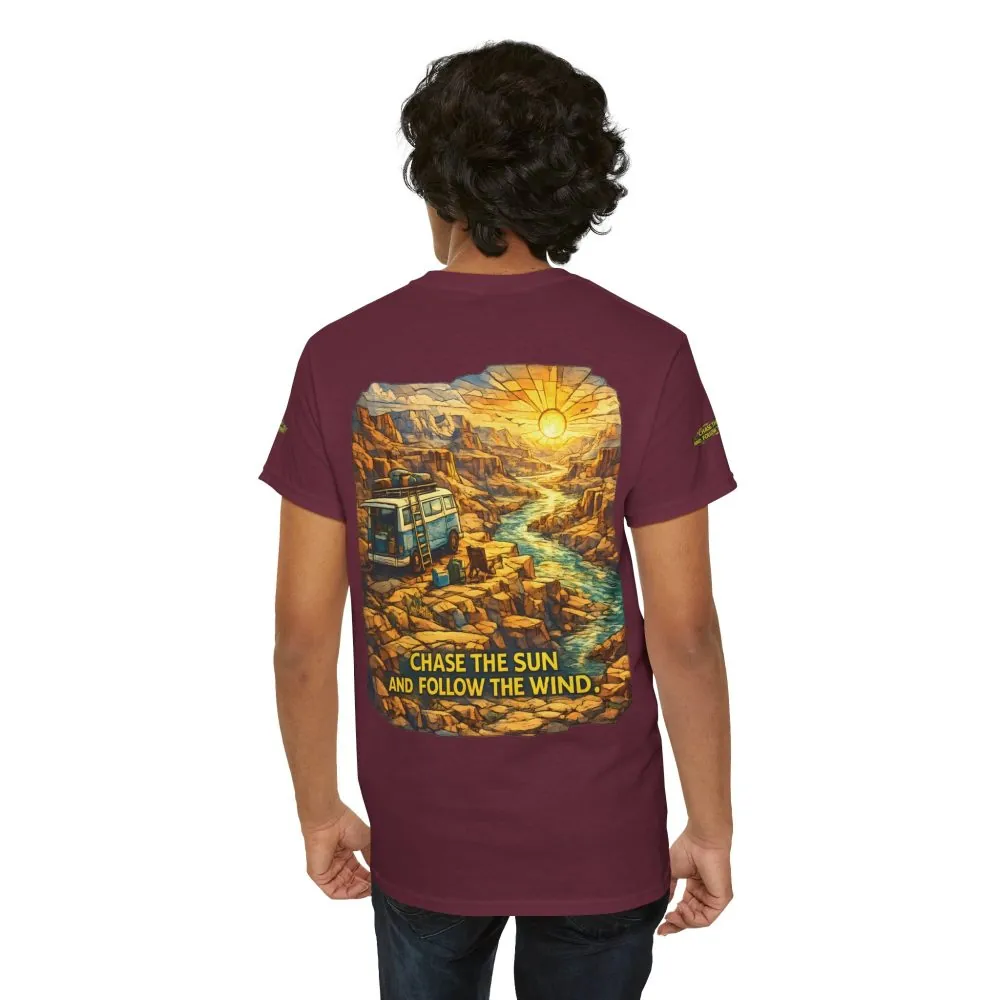 Unisex Heavy Cotton Tee — "Chase The Sun And Follow The Wind" Design Cubic-Line