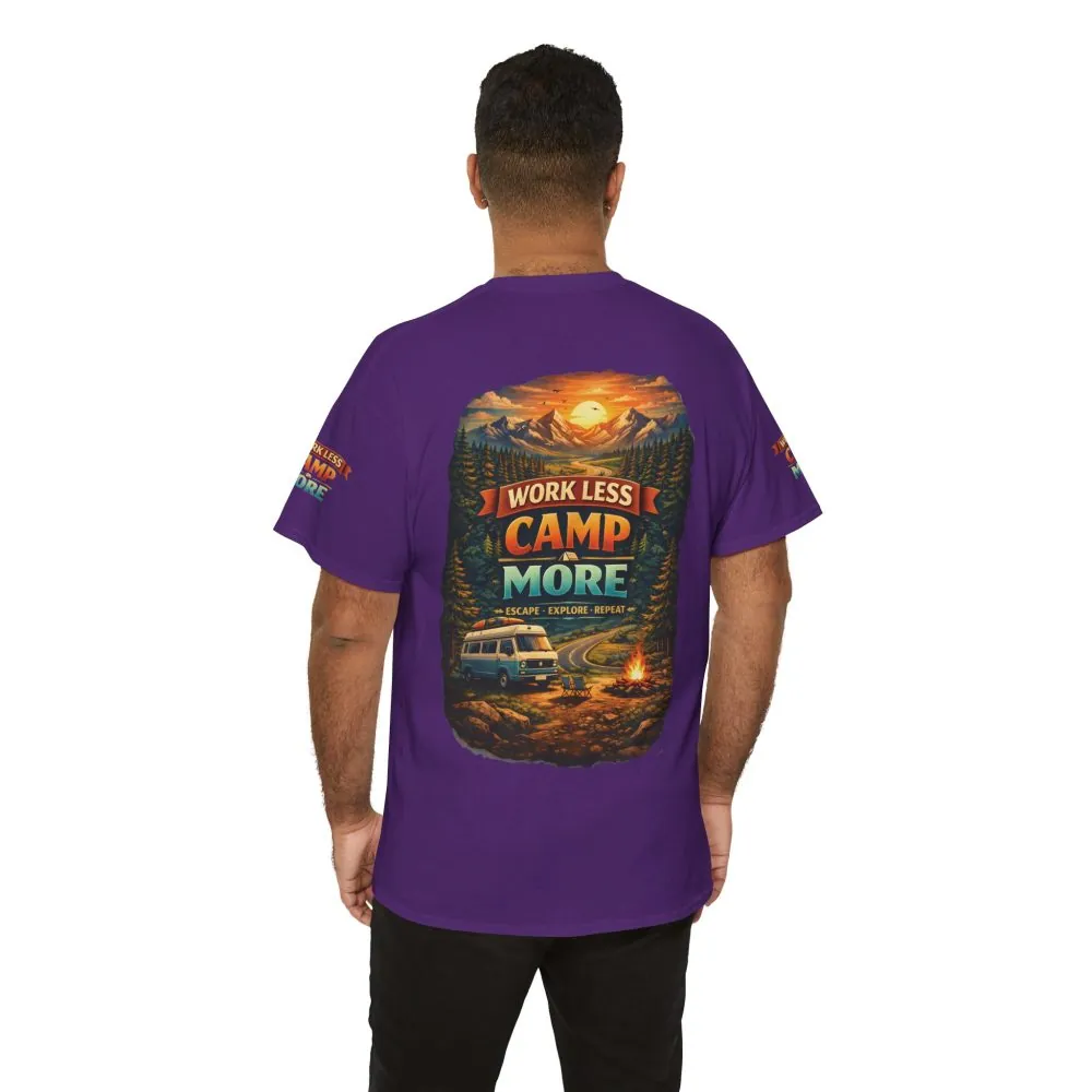 Unisex Heavy Cotton Tee — "Work Less-Camp More" Design Scenic-Line