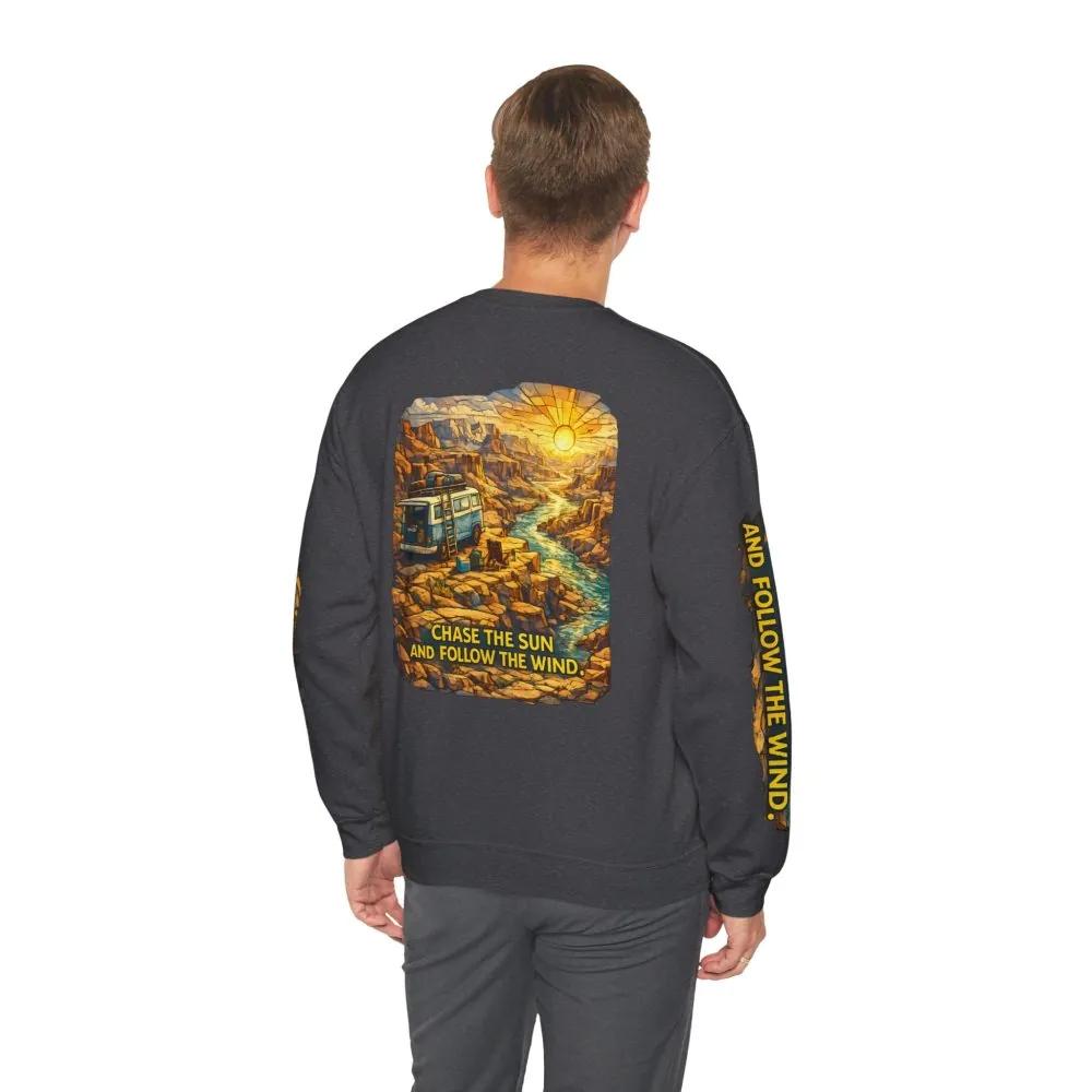 Unisex Heavy Blend™ Crewneck Sweatshirt — "Chase The Sun And Follow The Wind" Design Cubic-Line