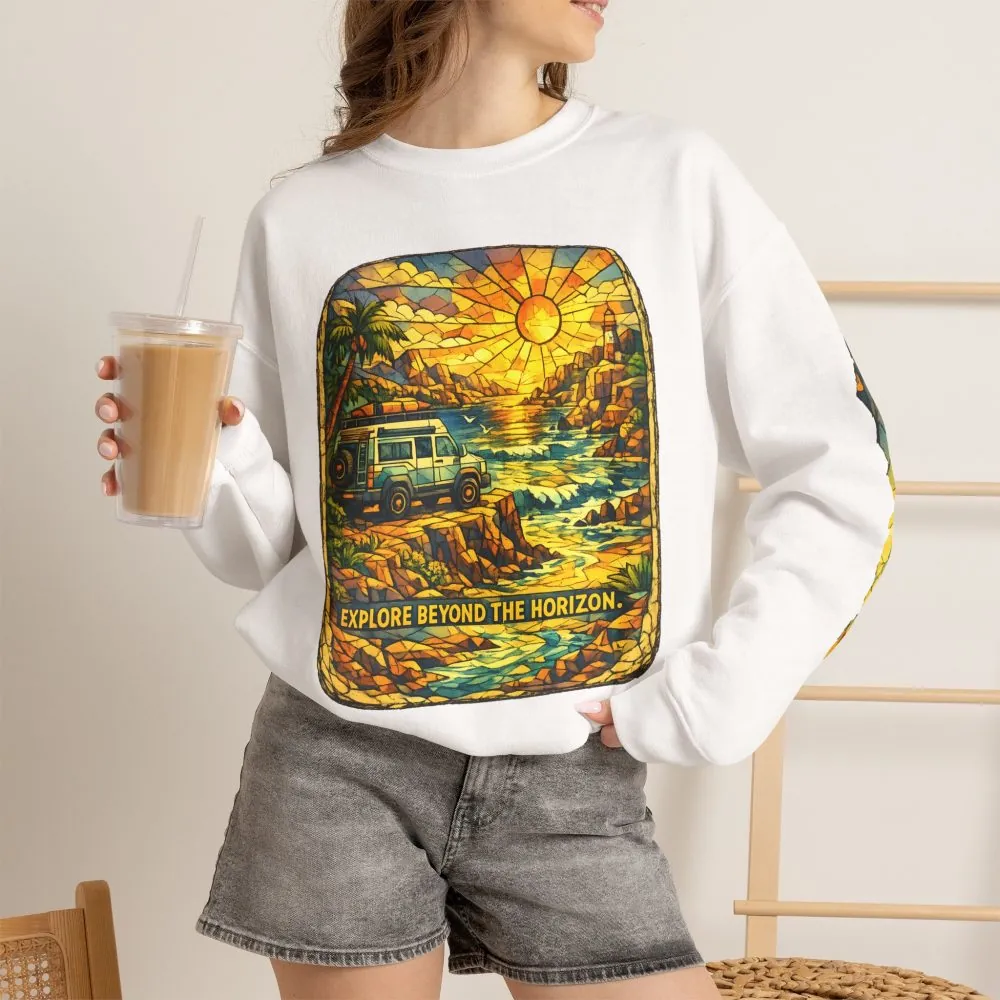 Unisex Heavy Blend™ Crewneck Sweatshirt — "Explore Beyond The Horizon" Design Cubic-Line