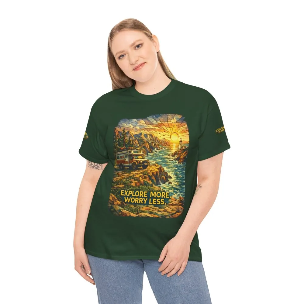 9400687022597141368_2048.jpeg Unisex Heavy Cotton Tee — "Explore More Worry Less" Design Cubic-Line
