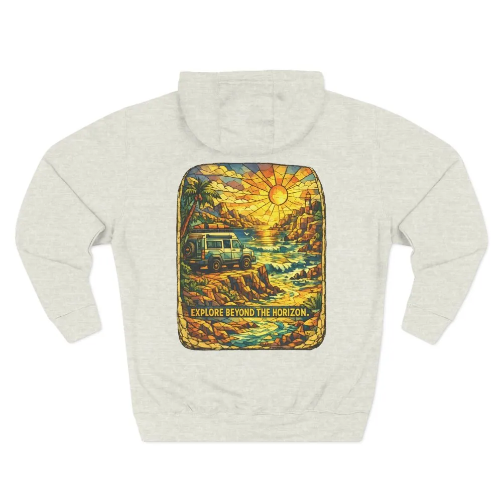 Three-Panel Fleece Hoodie - "Explore Beyond The Horizon" Design Cubic-Line