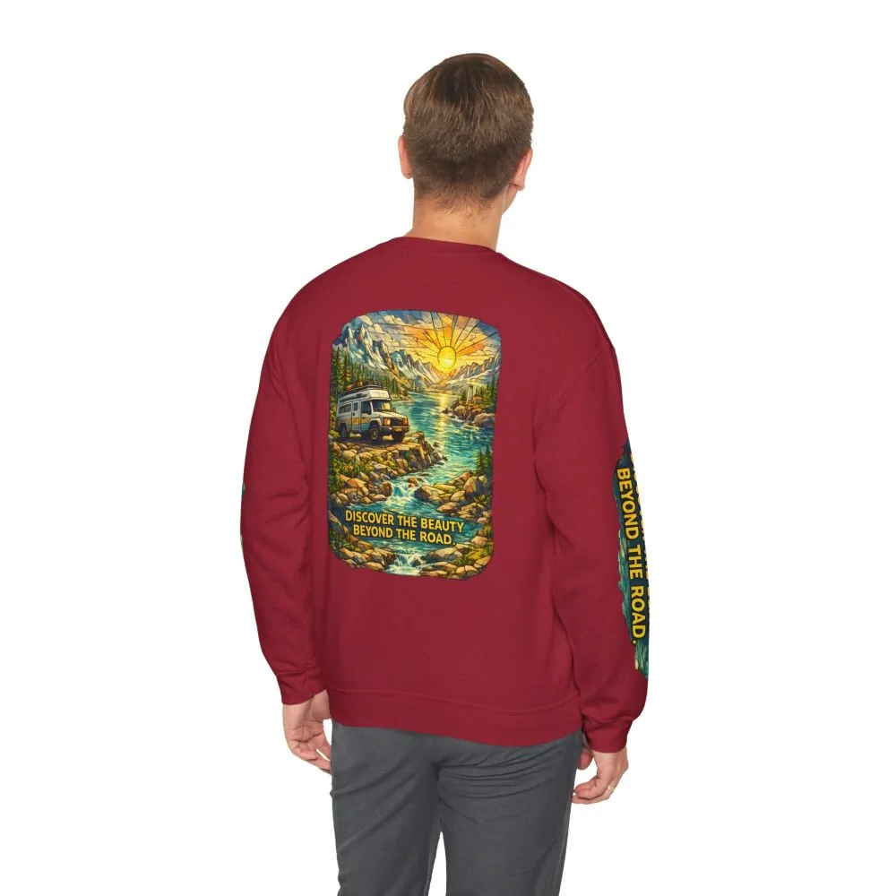 Unisex Heavy Blend™ Crewneck Sweatshirt — "Discover The Bieuty Beyond The Road" Design Cubic-Line