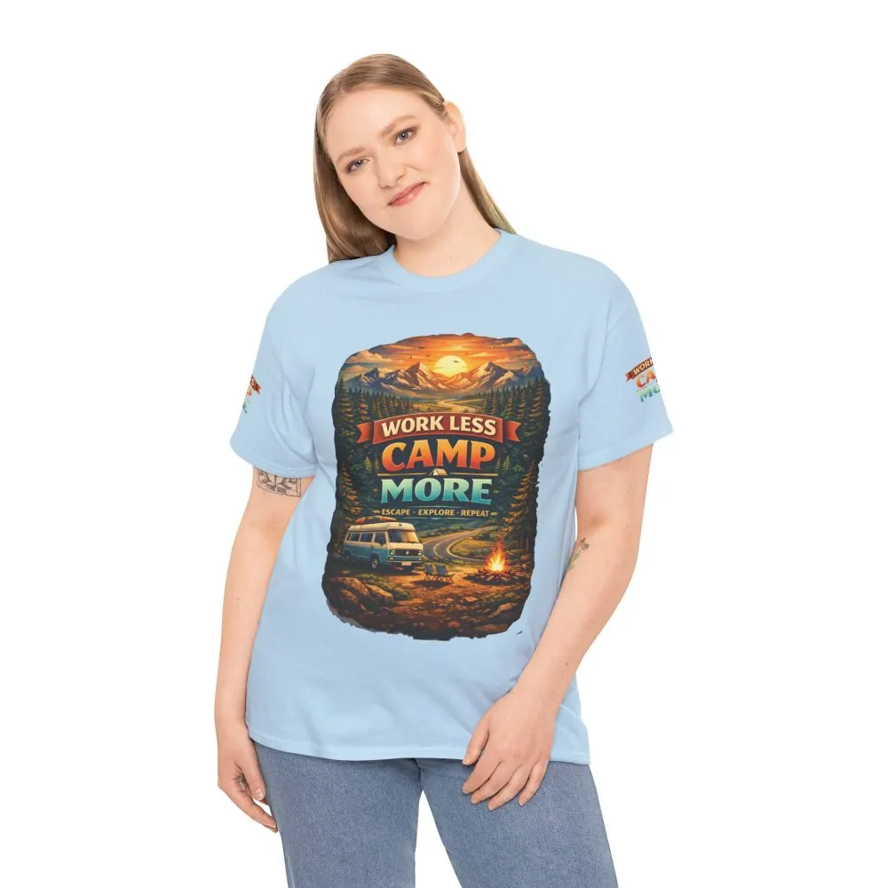 Unisex Heavy Cotton Tee — "Work Less Camp More" Design Scenic-Line