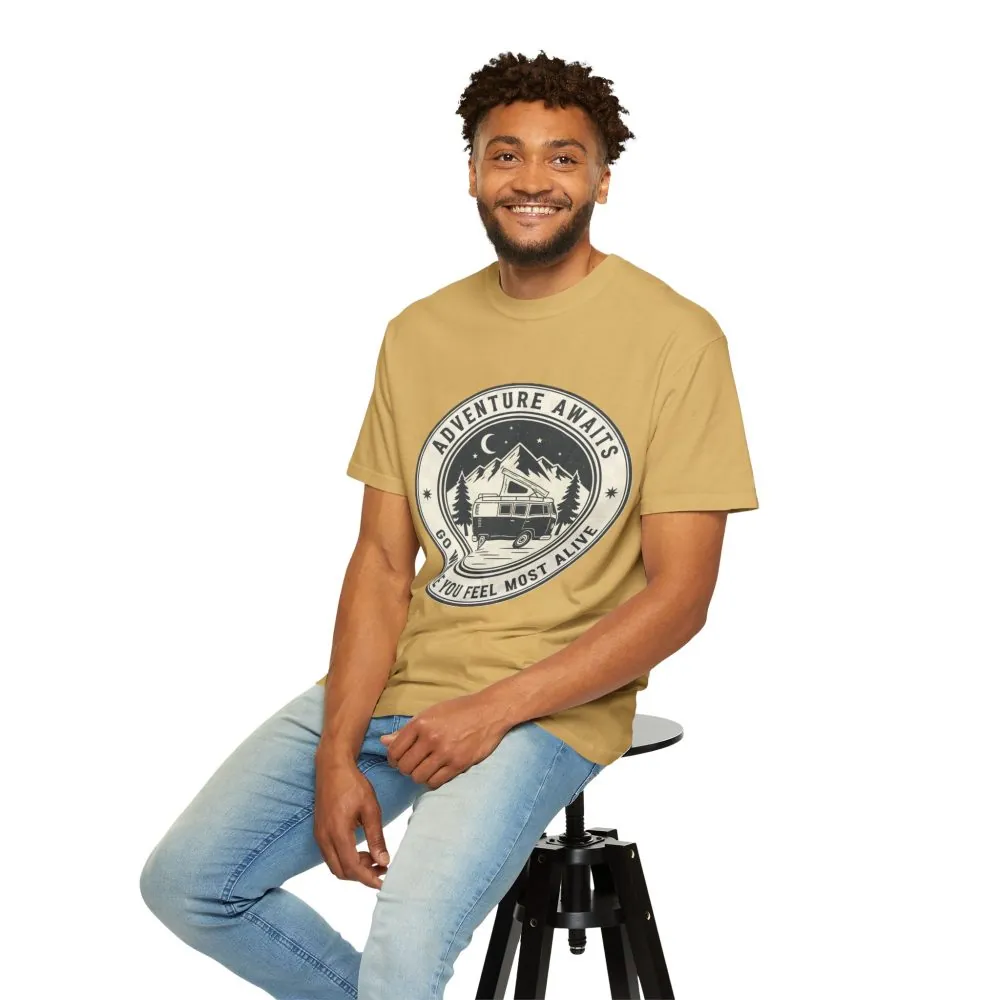 T-Shirt — "Adventure Awaits-Go Where You Feel Most Alive" (Only Front Printed) Outdoor Travel Tee