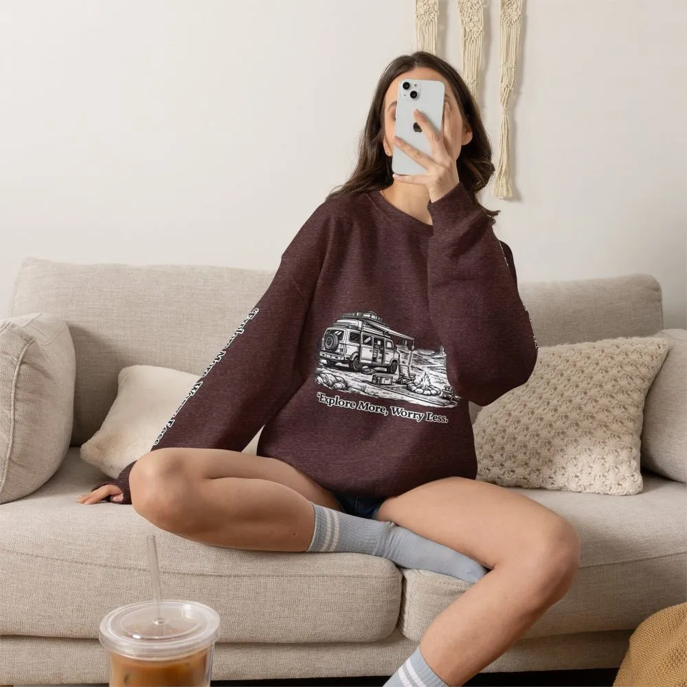 Unisex Heavy Blend™ Crewneck Sweatshirt — "Explore More Worry Less" Design Minimal-Line