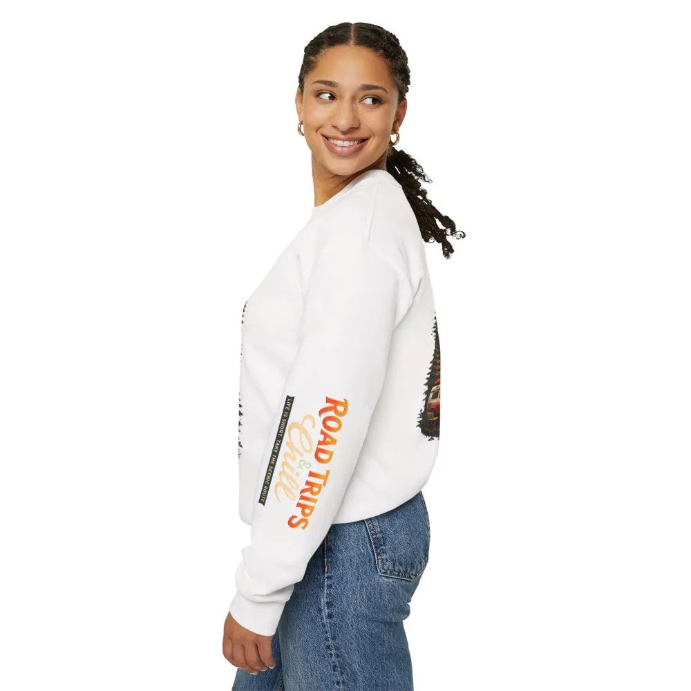 Unisex Heavy Blend™ Crewneck Sweatshirt — "Road Trips & Chill" Design Scenic-Line