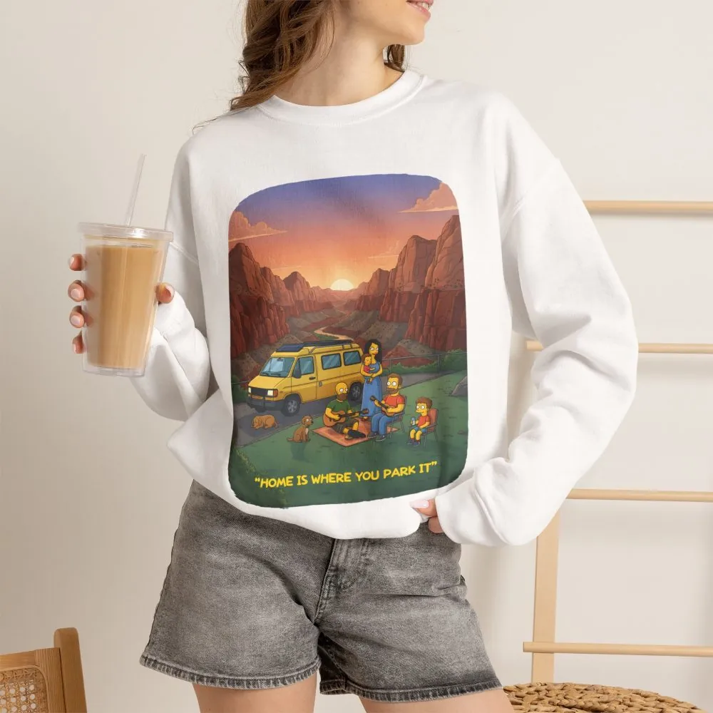 Unisex Heavy Blend™ Crewneck Sweatshirt — "Home Is Where You Park It" Design Sitcom-Line
