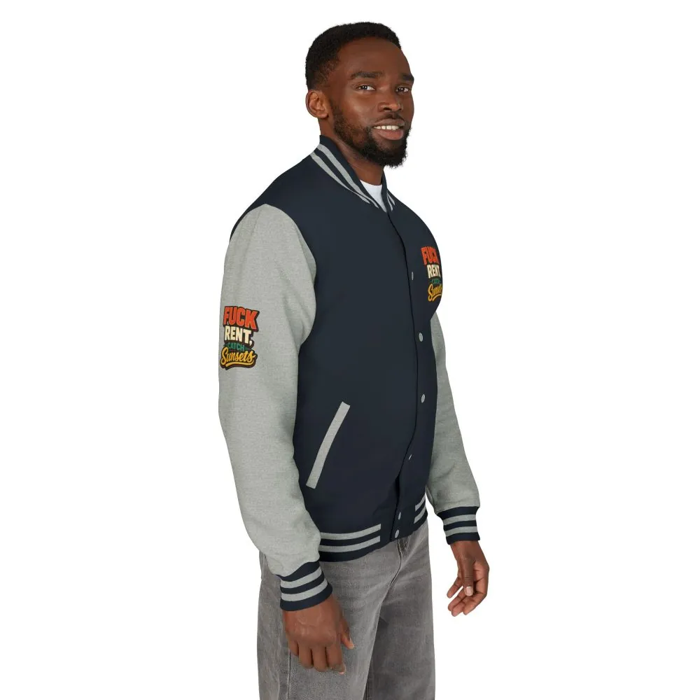 Unisex Heavyweight Letterman Jacket — "Fuck Rent Catch Sunsets" Design F**K-Line