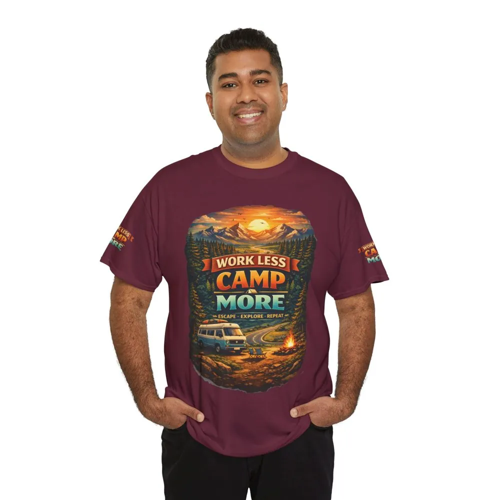 Unisex Heavy Cotton Tee — "Work Less-Camp More" Design Scenic-Line