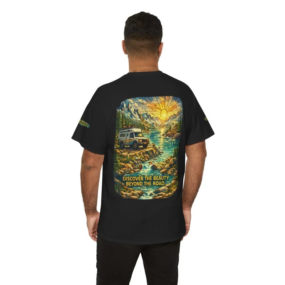 Unisex Heavy Cotton Tee — "Discover The Bieuty Beyond The Road" Design Cubic-Line