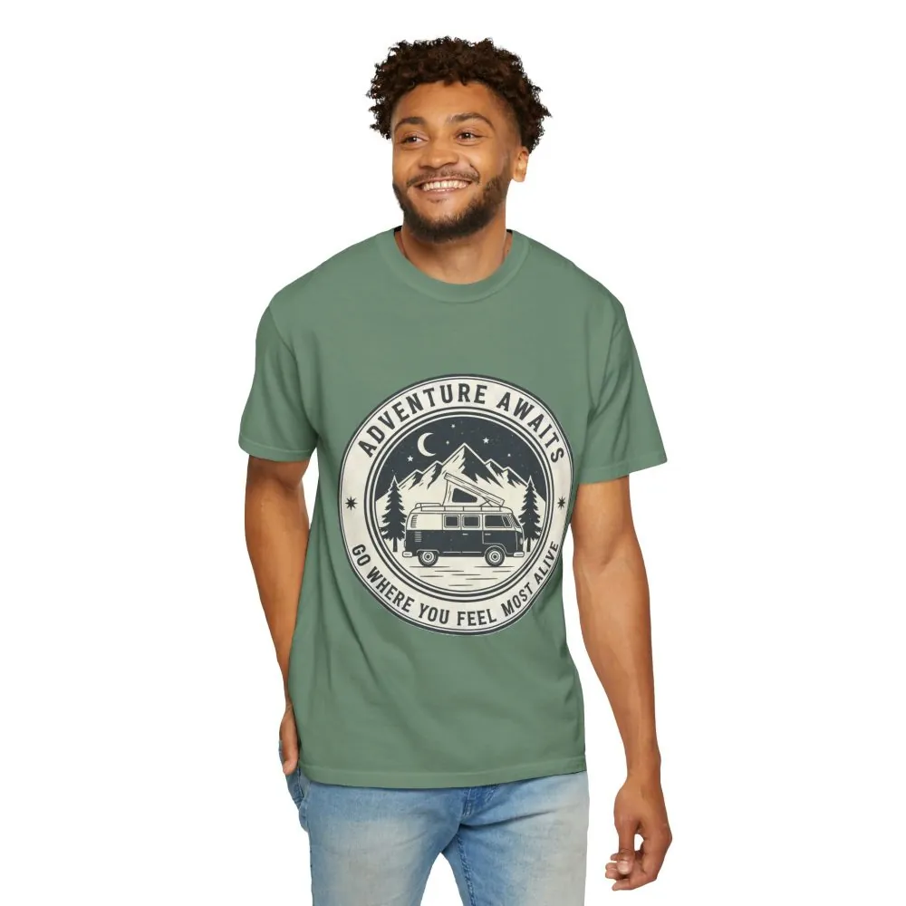 T-Shirt — "Adventure Awaits-Go Where You Feel Most Alive" (Front + Back Printed) Outdoor Travel Tee