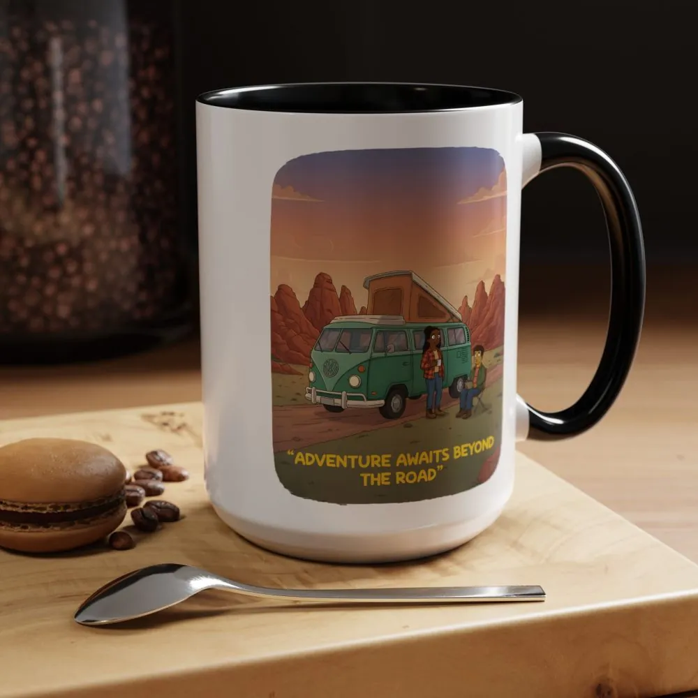 Accent Coffee Mug (11, 15oz) — "Adventure Awaits Beyond The Road" Design Sitcom-Line