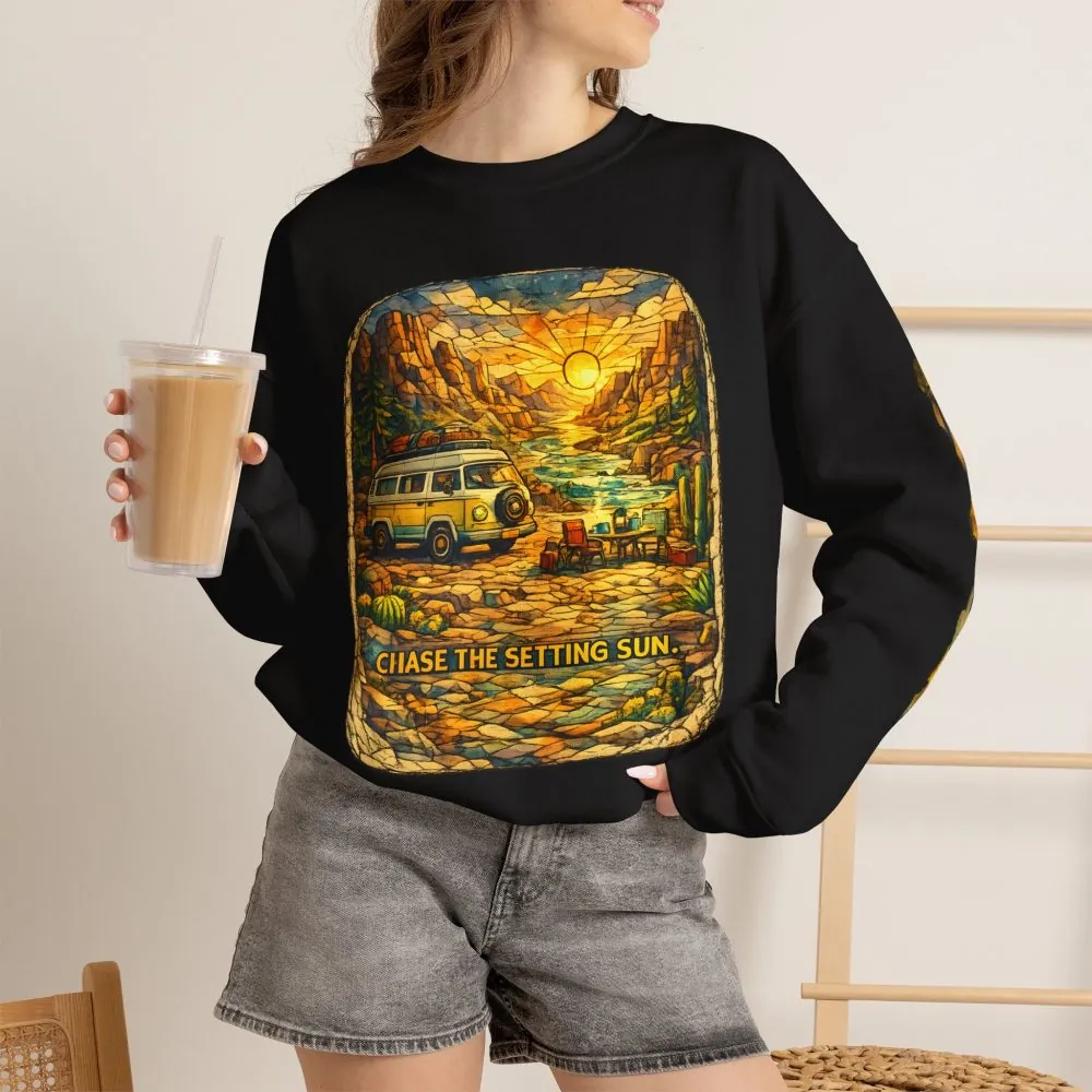 Unisex Heavy Blend™ Crewneck Sweatshirt — "Chase The Settings Sun" Design Cubic-Line