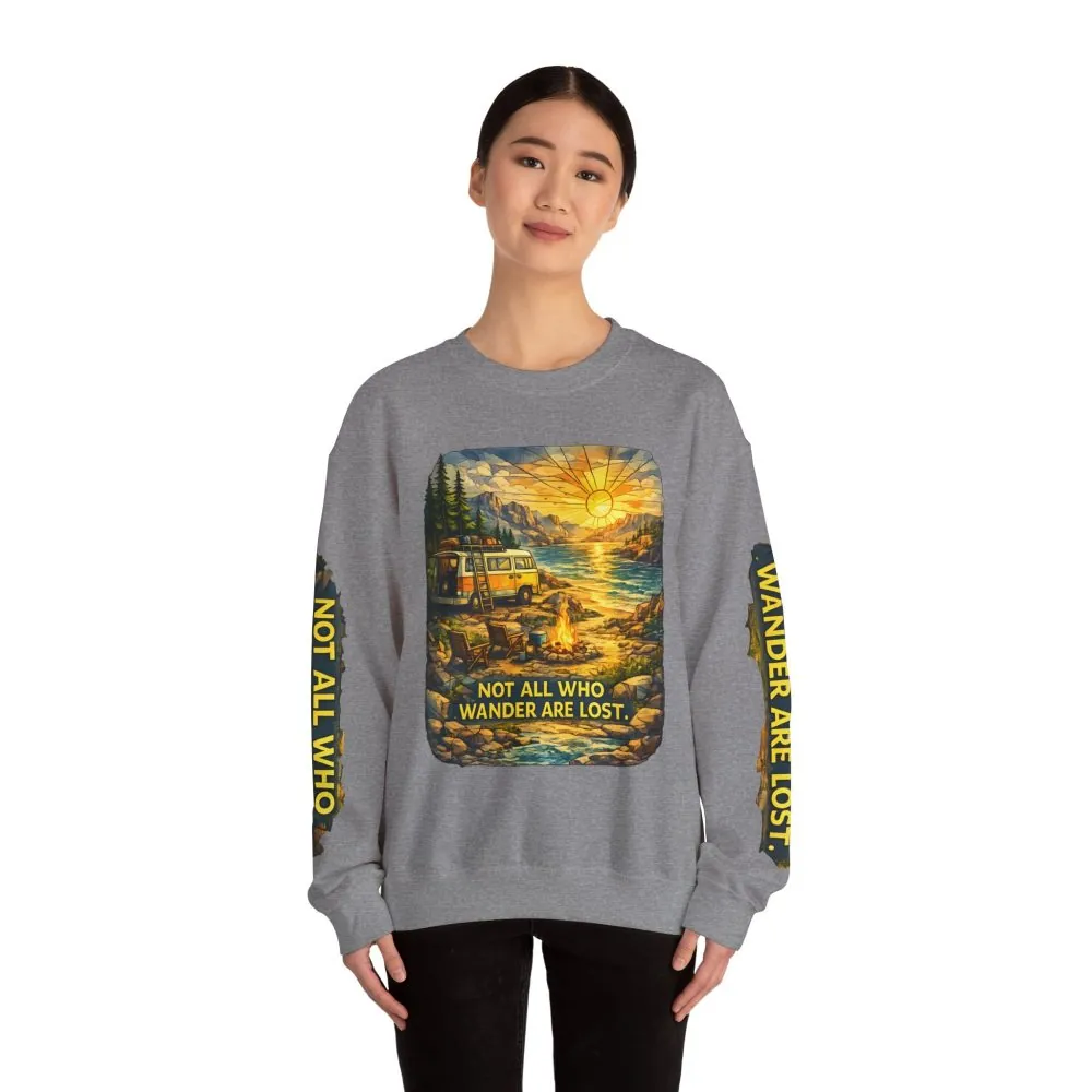 Unisex Heavy Blend™ Crewneck Sweatshirt — "Not All Who Wander Are Lost" Design Cubic-Line